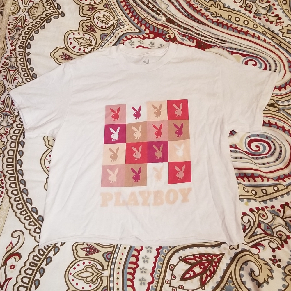 **CLEARANCE** Playboy Women's Crop Top S White Pink Y2K Logo Grid Graphic Tee